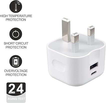 USB C Plug 20W, Apple iPhone Fast Charger Plug UK for iPhone 15/15 Pro/15 Pro Max/14/14 Pro/13/13 Pro/12/12 Pro/11,Type C and USB A Plug Fast Charging for Apple Watch USBC Wall Plug Dual Port