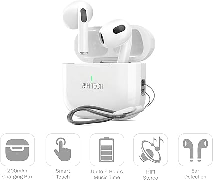 MH Tech Wireless Earbuds, Bluetooth, HiFi Stereo with Heavy Bass, Wrist Strap, Wireless Charging