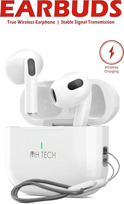 MH Tech Wireless Earbuds, Bluetooth, HiFi Stereo with Heavy Bass, Wrist Strap, Wireless Charging
