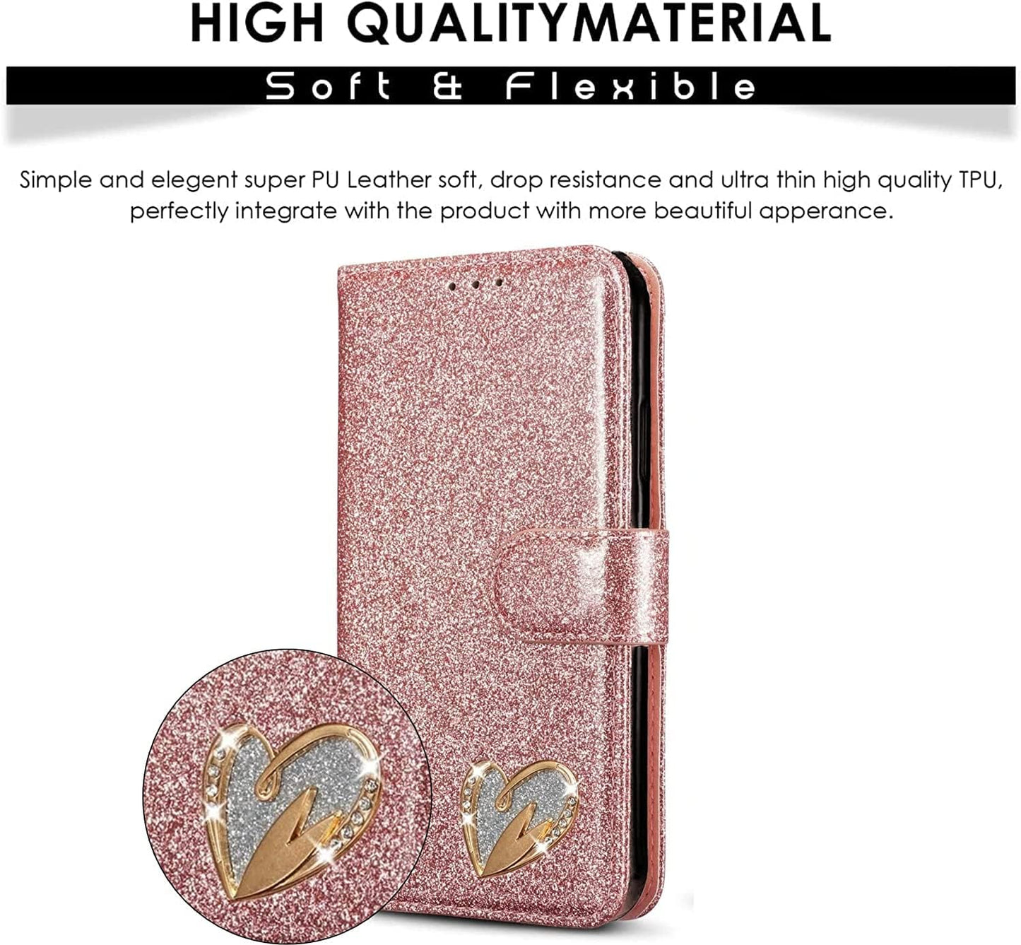 Bling Heart Sparkle Book Wallet Case Cover For iPhone 13 Pro Max