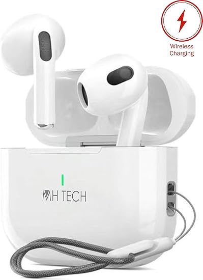 MH Tech Wireless Earbuds, Bluetooth, HiFi Stereo with Heavy Bass, Wrist Strap, Wireless Charging