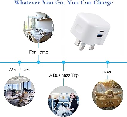 USB C Plug 20W, Apple iPhone Fast Charger Plug UK for iPhone 15/15 Pro/15 Pro Max/14/14 Pro/13/13 Pro/12/12 Pro/11,Type C and USB A Plug Fast Charging for Apple Watch USBC Wall Plug Dual Port