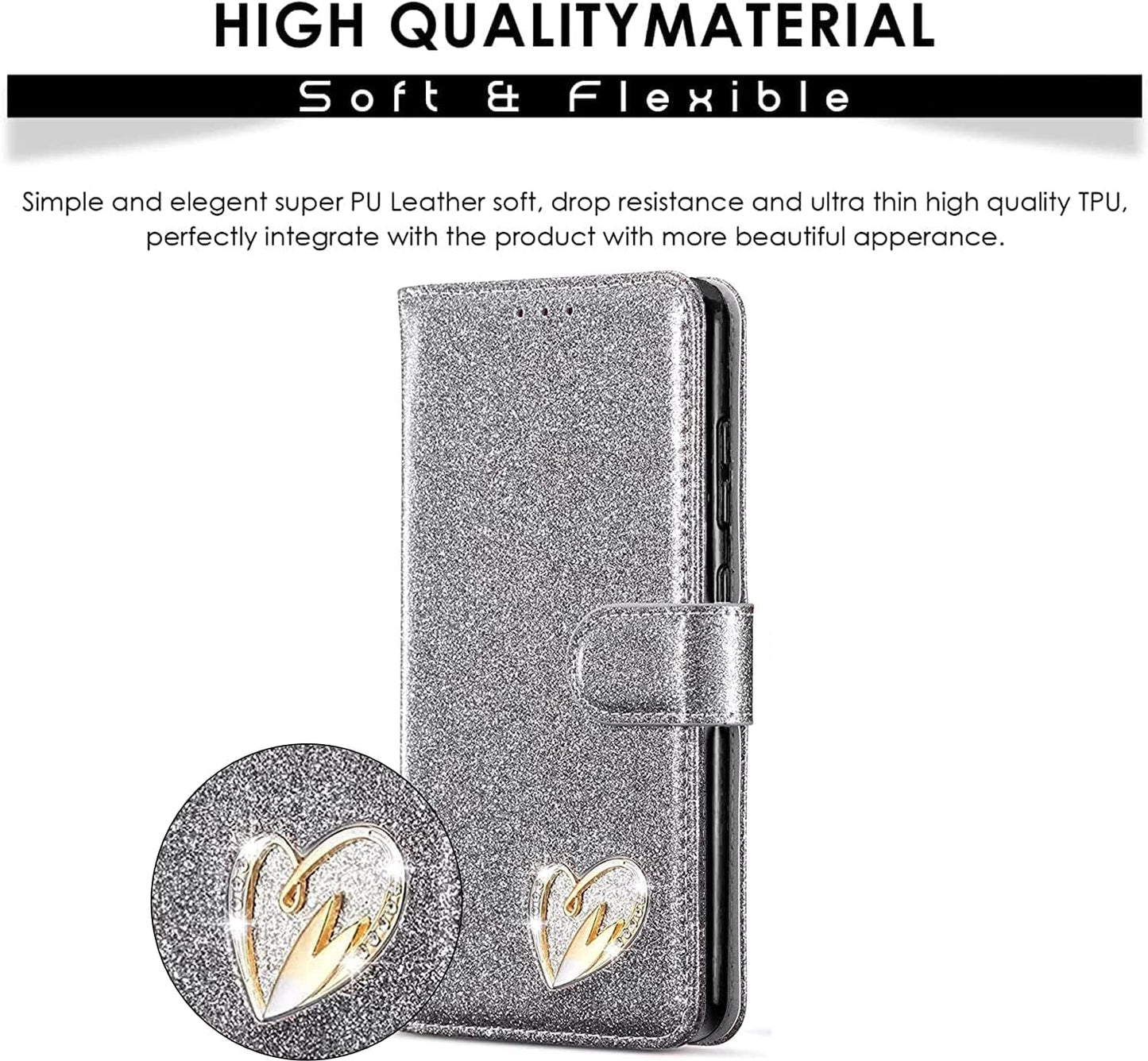 Bling Heart Sparkle Book Wallet Case Cover For iPhone 13 Pro Max