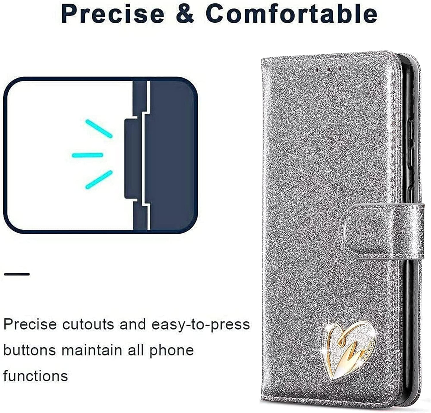 Bling Heart Sparkle Book Wallet Case Cover For iPhone 13 Pro Max