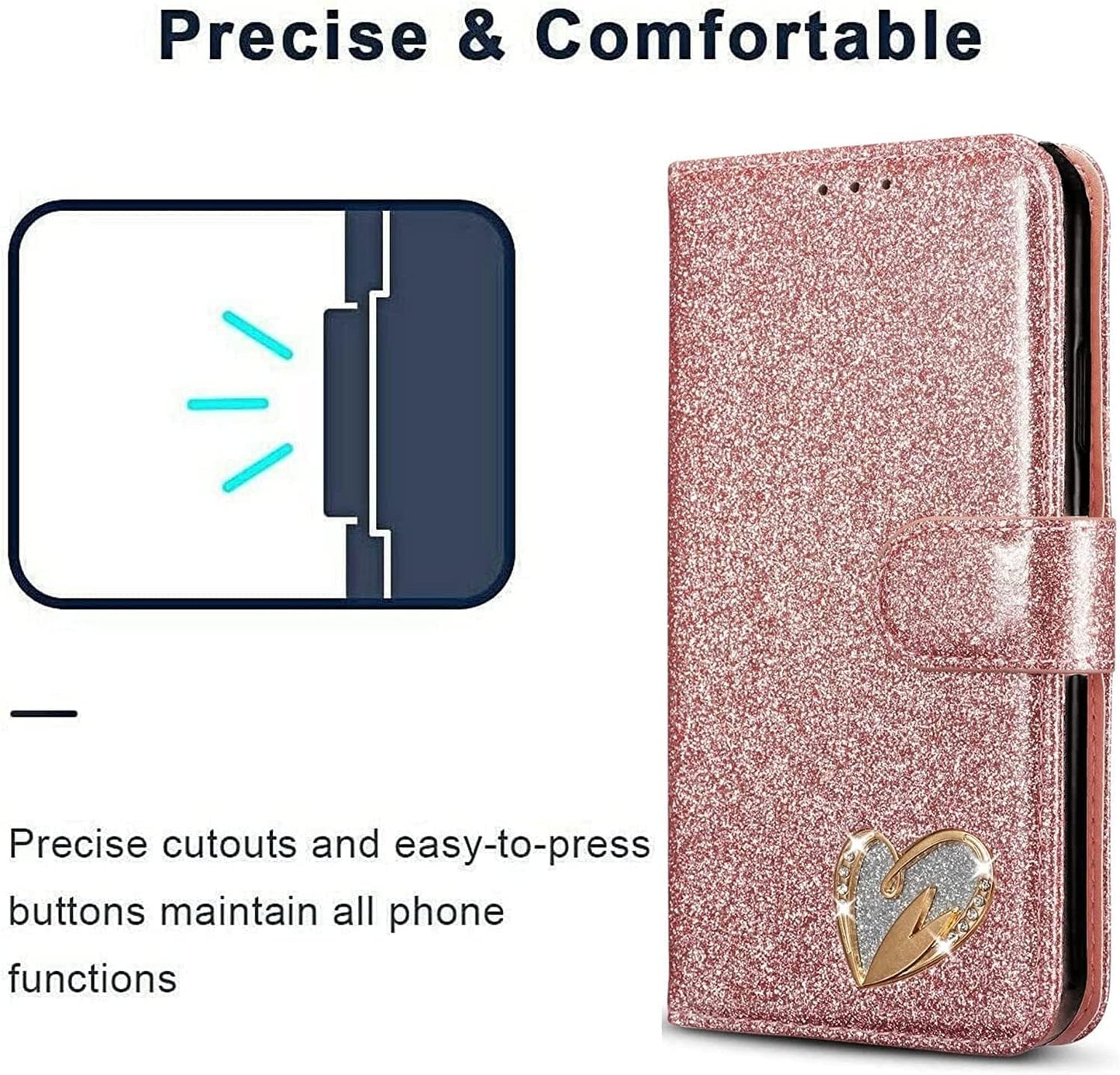 Bling Heart Sparkle Book Wallet Case Cover For iPhone 13 Pro Max