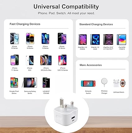 USB C Plug 20W, Apple iPhone Fast Charger Plug UK for iPhone 15/15 Pro/15 Pro Max/14/14 Pro/13/13 Pro/12/12 Pro/11,Type C and USB A Plug Fast Charging for Apple Watch USBC Wall Plug Dual Port