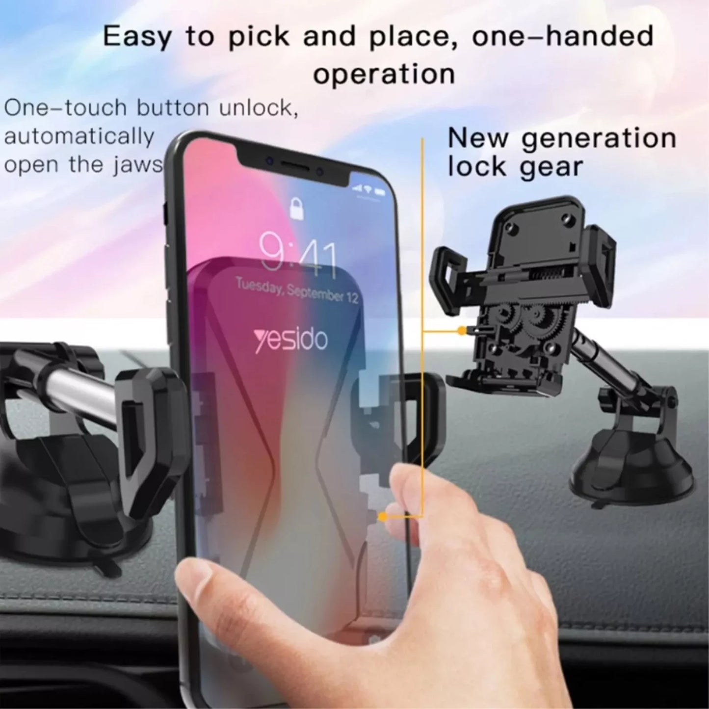 Yesido C40 Stretch Car Phone Holder - 360° Rotation, Suction Cup